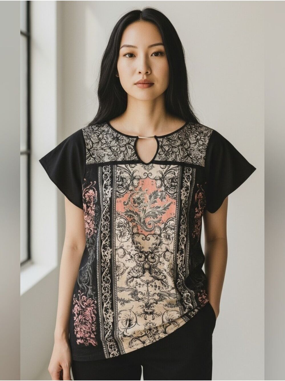 Skinny Minnie Black Floral Keyhole Blouse XL #BL35